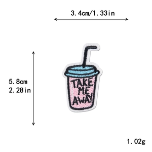 Pink drink cup embroidery patch with Take Me Away text for DIY clothing accessories