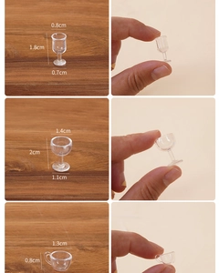 Detailed size chart for 1:12 scale dollhouse miniature transparent cups and mugs