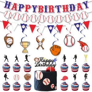 Baseball themed birthday party decoration kit with banners, swirls, and cake toppers