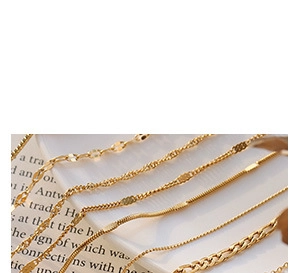Detailed view of 18K gold-plated beaded anklets in various fashion chain link designs