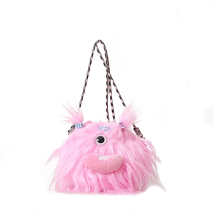 Pink furry monster crossbody bag with a cute one-eye design and houndstooth strap