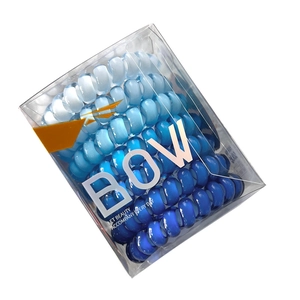7-piece set of blue gradient spiral hair ties in a clear BOW branded gift box
