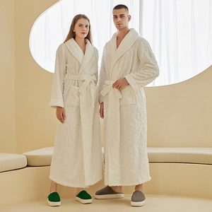 Luxurious white double-layered flannel bathrobe set for couples with rose floral patterns