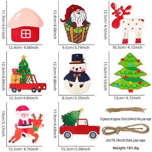 Christmas wooden hanging ornaments set with reindeer snowman truck and twine cords
