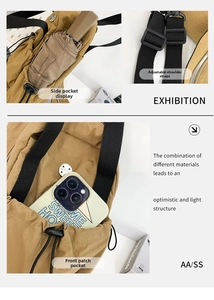 Detail of tan multi-functional sling bag with side umbrella pocket and phone pouch