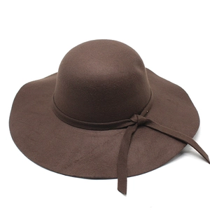 Detail of dark brown wool felt hat featuring a wavy wide brim and side bow decoration