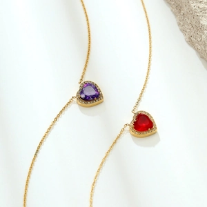Vintage heart pendant necklace with red and purple zircon stones on golden chain