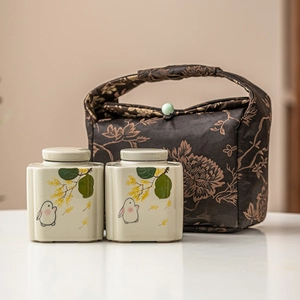 Hand-painted ceramic tea canister set with gold osmanthus rabbit patterns and brocade bag