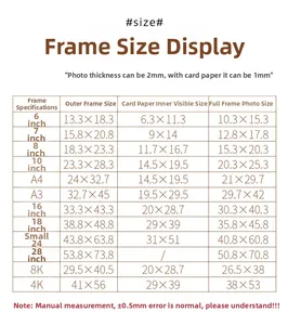 Detailed photo frame size guide with various dimensions from 6 to 28 inches for mounting