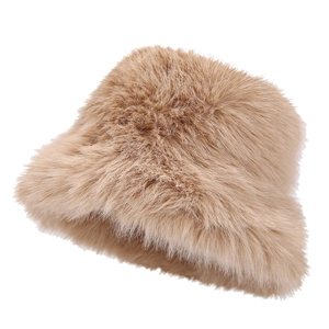 Winter fluffy faux fur bucket hat in deep khaki color for premium outdoor warmth