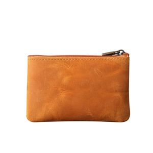 Petit porte-monnaie en cuir véritable marron rétro avec fermeture éclair métallique robuste