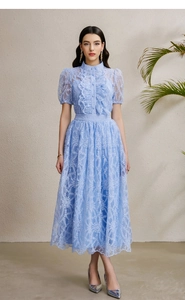 Detail of light blue lace dress featuring ruffled collar and elegant button-down bodice
