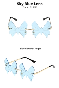 Detailed views of sky blue butterfly-shaped rimless sunglasses with gold metal frames