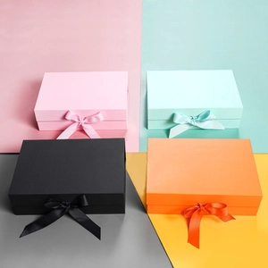 Luxury Cardboard Foldable Gift Box With Ribbon Bow Magnetic Closure Flip Lid Solid Color High End Presentation Case