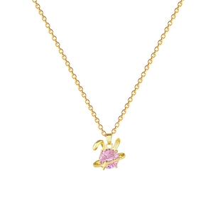 Luxury gold titanium necklace featuring a pink rabbit planet pendant with crystals