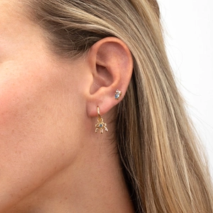 S925 silver needle evil eye earrings featuring blue teardrop gems in vintage gold finish