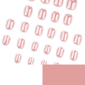 Short oval press-on nails in nude pink with classic white French tips and glossy finish