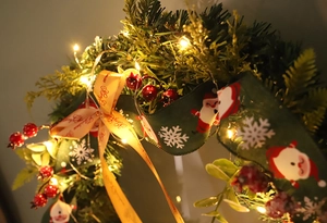 Close-up of Christmas wreath with red berries, eucalyptus leaves and warm LED lights