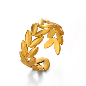 18K vergoldeter Edelstahl Weizenähren Ring mit verstellbarem Blattdesign für Damen