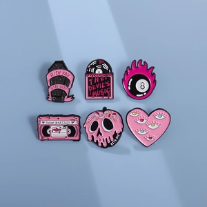 Creative pink geometric enamel brooch pins set with unique punk and funny motifs