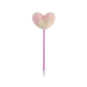 Detail view of a purple ballpoint pen with heart-shaped gradient plush pom-pom top