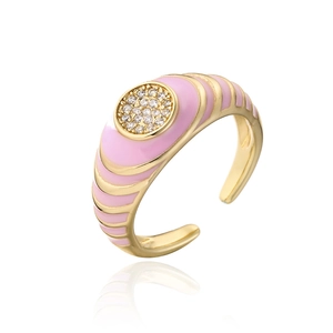 Detail of gold-plated open ring with pink enamel dripping oil and zircon accents