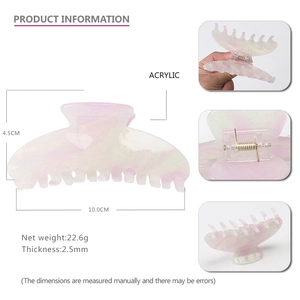 Large iridescent acrylic hair claw clip for women with dimension and material details