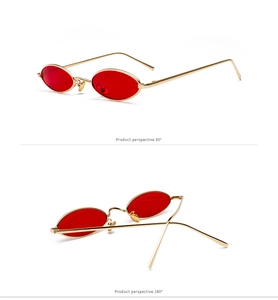 Detail of red oval sunglasses with golden metal frame shown from 90 and 180 degree angles
