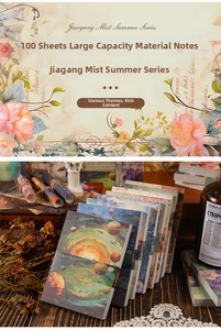 Macro shot of vintage scrapbooking paper set with floral and planetary theme illustrations
