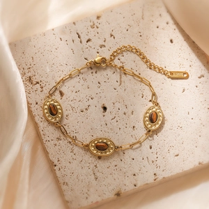 18K gold plated stainless steel paperclip chain bracelet with brown tiger eye stones