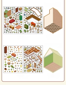 DIY isometric room sticker sets including PET sheets and cardstock background scenes
