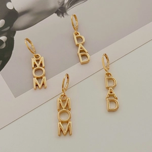 Retro gold MOM and DAD letter earrings with minimalist hoops for Mother's Day gift