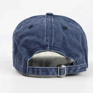 Washed navy blue cotton baseball cap with adjustable metal buckle back view