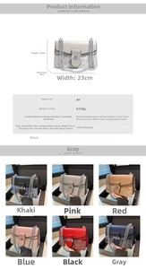 Detailed size chart for lace texture PU chain bag with dimensions 23x16x9 cm and weights