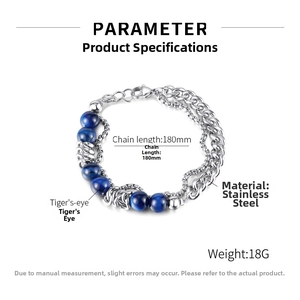 Detail of stainless steel double chain bracelet with blue tiger eye beads and 180mm length