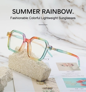 Detail of trendy rainbow square sunglasses on stone props with summer text background
