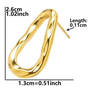 Detailed view of gold irregular teardrop stud earrings with hammered texture and dimensions