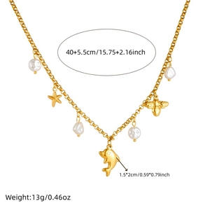 Golden stainless steel ocean necklace with pearl, starfish and dolphin charms
