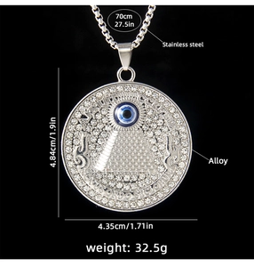 Detailed view of evil eye pyramid pendant with size specs and stainless steel chain