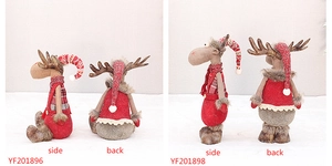 Detailed side and back views of telescopic Christmas reindeer plush dolls with snowflake patterns