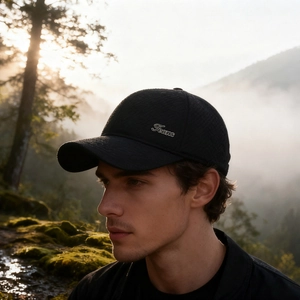 Men's winter baseball cap with ear flaps and Jeans embroidery in a misty forest