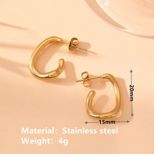 Irregular oval stainless steel C-shaped stud earrings in gold finish for women