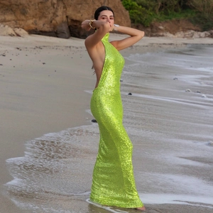 Slim fit backless sequin maxi dress in neon green with halter neck and floor length