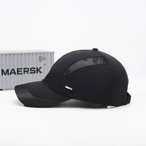Black breathable mesh sports cap for men with a red silicone side patch detail