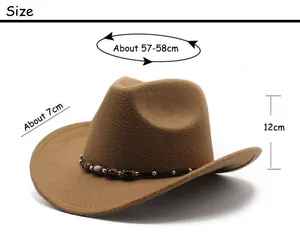 Detailed size chart for brown western cowboy hat showing brim width and crown height