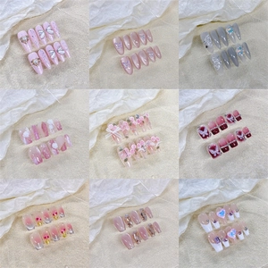 Faux Ongles à Presser Faits Main Design 3D Fleur Papillon Œil de Chat Strass Ongles Réutilisables pour Femme Kit Manucure