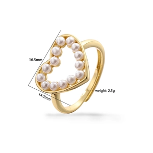 Bague coeur dorée réglable avec perles incrustées et spécifications de taille détaillées