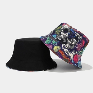 Detail of reversible bucket hat with skull mushroom print and solid black cotton canvas