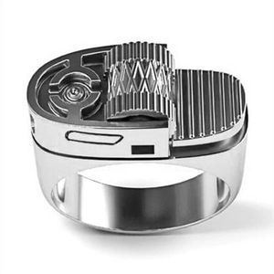 Industrial style silver lighter shape ring with windproof cover and flint wheel detail