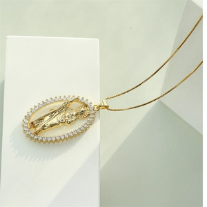 18K gold plated Saint Jude pendant necklace with shimmering zircon stones and box chain